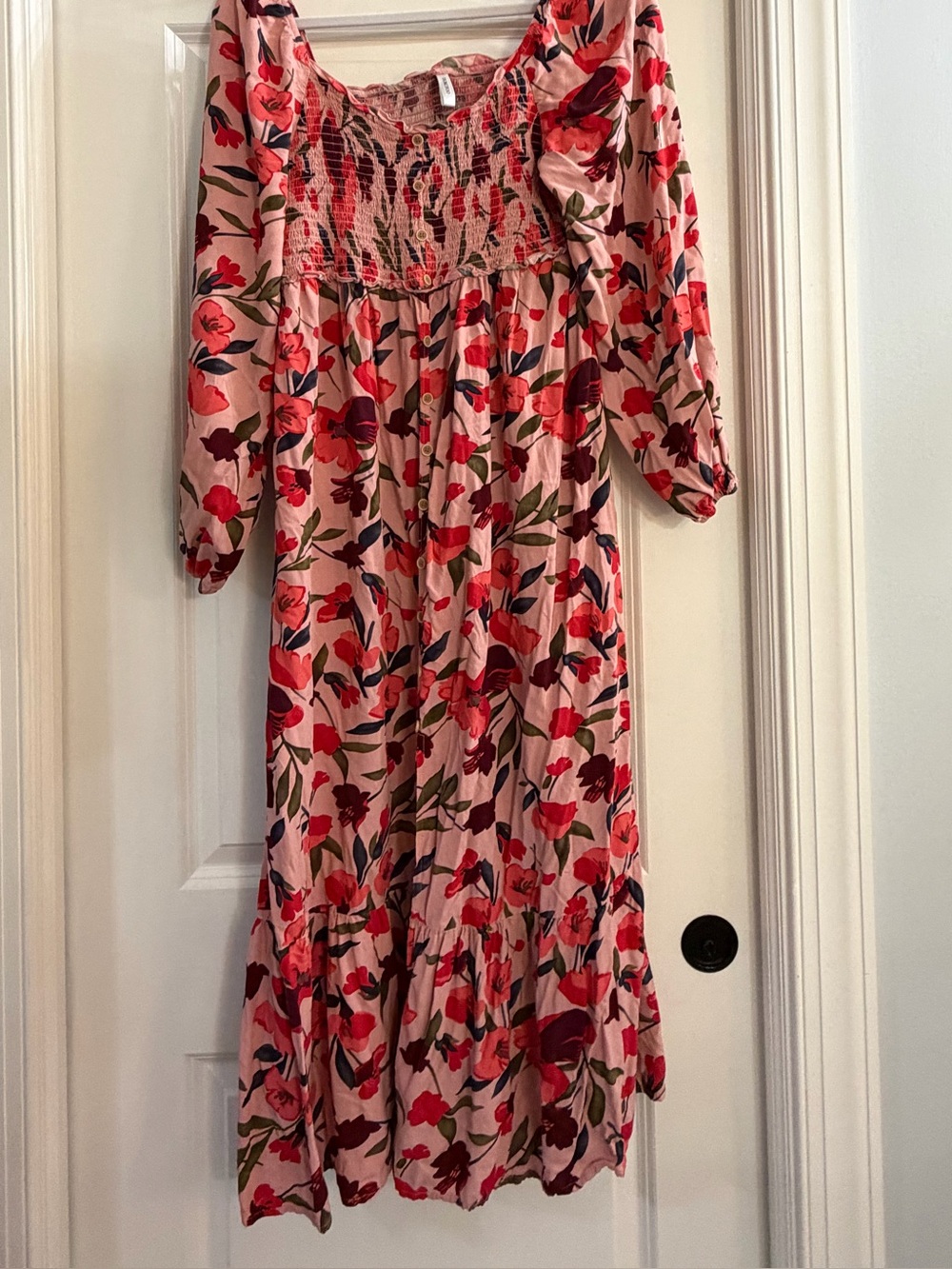 Pink Floral Smocked Midi Dress xl